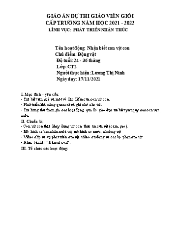 Giáo án Mầm non Lớp Nhà trẻ - Chủ đề: Động vật - Năm học 2021-2022 - Lương Thị Ninh