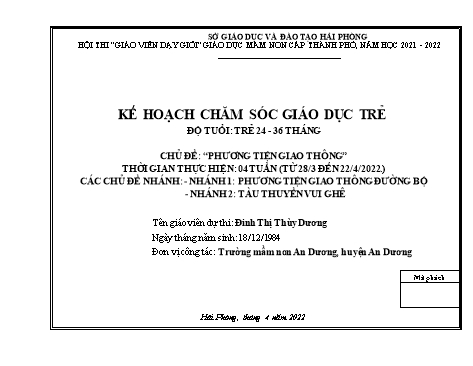 Giáo án Mầm non Lớp Nhà trẻ - Chủ đề: Phương tiện giao thông - Năm học 2021-2022 - Đinh Thị Thùy Dung