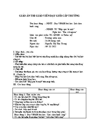 Giáo án Mầm non Lớp Nhà trẻ - Chủ đề: Trường mầm non - Năm học 2022-2023 - Nguyễn Thị Thu Trang