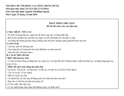 Giáo án Mầm non Lớp Nhà trẻ - Nhánh: Bé với động vật sống trong rừng - Năm học 2024-2025 - Nguyễn Thị Hồng Nguyệt