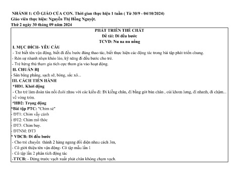 Giáo án Mầm non Lớp Nhà trẻ - Nhánh: Cô giáo của con - Năm học 2024-2025 - Nguyễn Thị Hồng Nguyệt