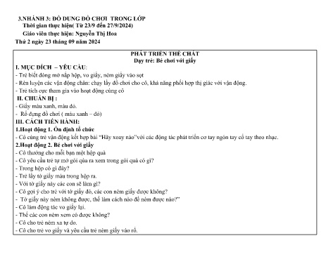Giáo án Mầm non Lớp Nhà trẻ - Nhánh: Đồ dùng, đồ chơi trong lớp - Năm học 2024-2025 - Nguyễn Thị Hoa
