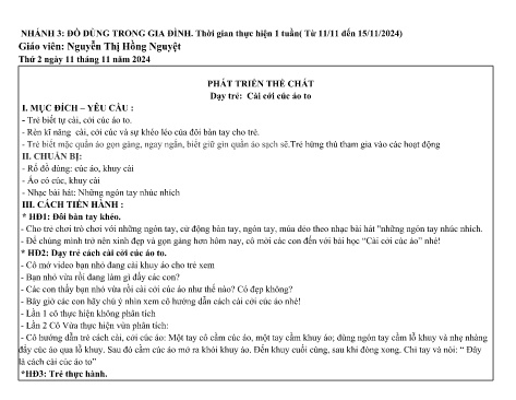 Giáo án Mầm non Lớp Nhà trẻ - Nhánh: Đồ dùng trong gia đình - Năm học 2024-2025 - Nguyễn Thị Hồng Nguyệt