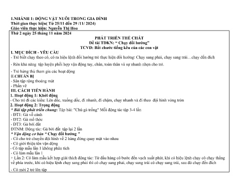 Giáo án Mầm non Lớp Nhà trẻ - Nhánh: Động vật nuôi trong nhà - Năm học 2024-2025 - Nguyễn Thị Hoa