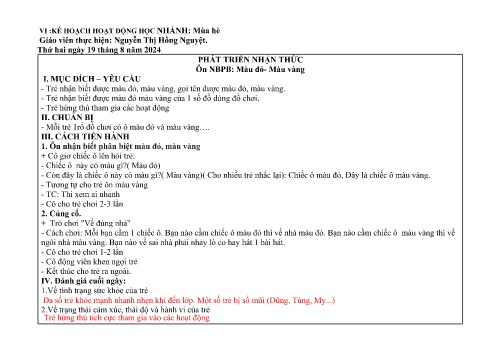 Giáo án Mầm non Lớp Nhà trẻ - Nhánh: Mùa hè - Năm học 2024-2025 - Nguyễn Thị Hồng Nguyệt