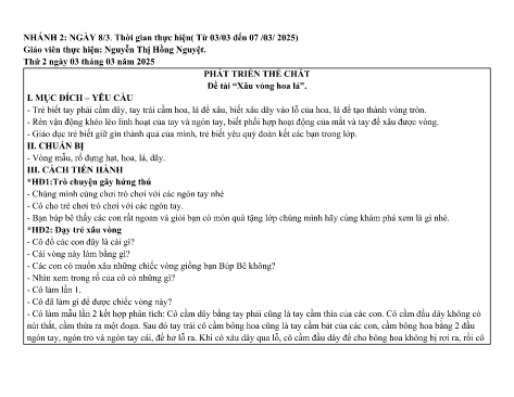 Giáo án Mầm non Lớp Nhà trẻ - Nhánh: Ngày 8/3 - Năm học 2024-2025 - Nguyễn Thị Hồng Nguyệt