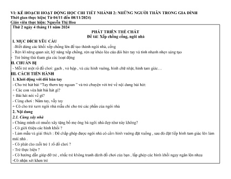 Giáo án Mầm non Lớp Nhà trẻ - Nhánh: Những người thân trong gia đình - Năm học 2024-2025 - Nguyễn Thị Hoa