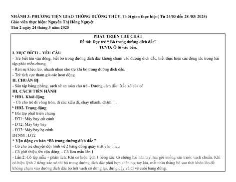 Giáo án Mầm non Lớp Nhà trẻ - Nhánh: Phương tiện giao thông đường thủy - Năm học 2024-2025 - Nguyễn Thị Hồng Nguyệt