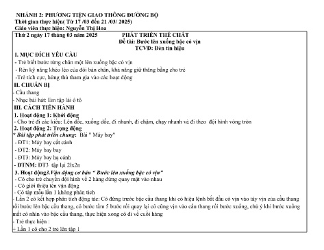 Giáo án Mầm non Lớp Nhà trẻ - Nhánh: Phương tiện giao thông đường bộ - Năm học 2024-2025 - Nguyễn Thị Hoa