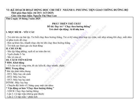 Giáo án Mầm non Lớp Nhà trẻ - Nhánh: Phương tiện giao thông đường bộ - Năm học 2024-2025 - Nguyễn Thị Thuý Lan