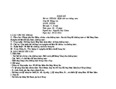 Giáo án Mầm non Steam Lớp Lá - Đề tài: Chế tạo chuồng mèo - Phát triển thẩm mỹ - Năm học 2024-2025 - Nguyễn Thị Châm