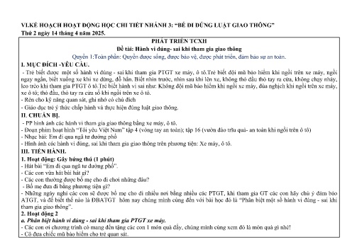 Kế hoạch bài dạy Mầm non Lớp Chồi - Nhánh 3: Bé đi đúng luật giao thông - Năm học 2024-2025
