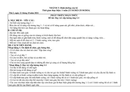 Kế hoạch bài dạy Mầm non Lớp Chồi - Nhánh 3: Dinh dưỡng của bé - Năm học 2024-2025