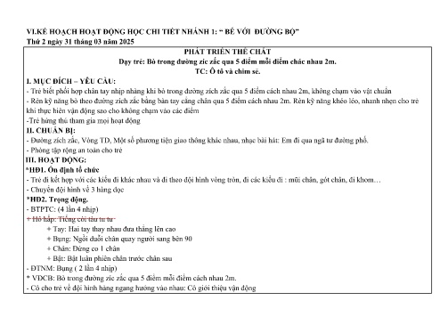 Kế hoạch hoạt động học Mầm non Lớp Chồi - Nhánh 1: Bé với đường bộ - Năm học 2024-2025