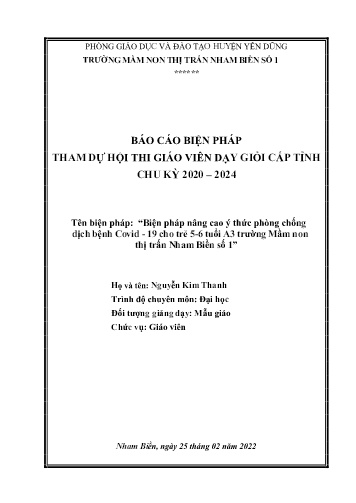 Biện pháp “Biện pháp nâng cao ý thức phòng chống dịch bệnh Covid-19 cho trẻ lớp 5-6 tuổi A3 trường Mầm non thị Trấn Nham Biền số 1”